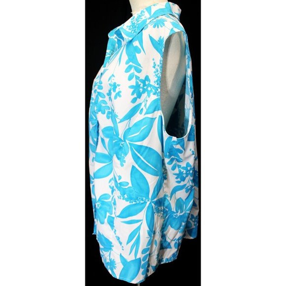 White Stage Woman's Sleeveless Collard Button Up Floral White Blue 3XL Tropical - Picture 5 of 11
